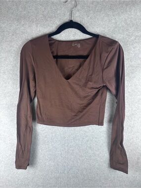 Offline by Aerie Cropped V-Neck Long Sleeve Top - Brown
